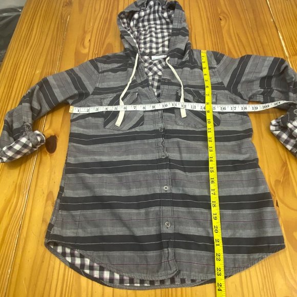 Columbia Women Button Up Hooded Cotton Flannel Shirt S Cotton Purple Gray Plaid - Picture 7 of 11
